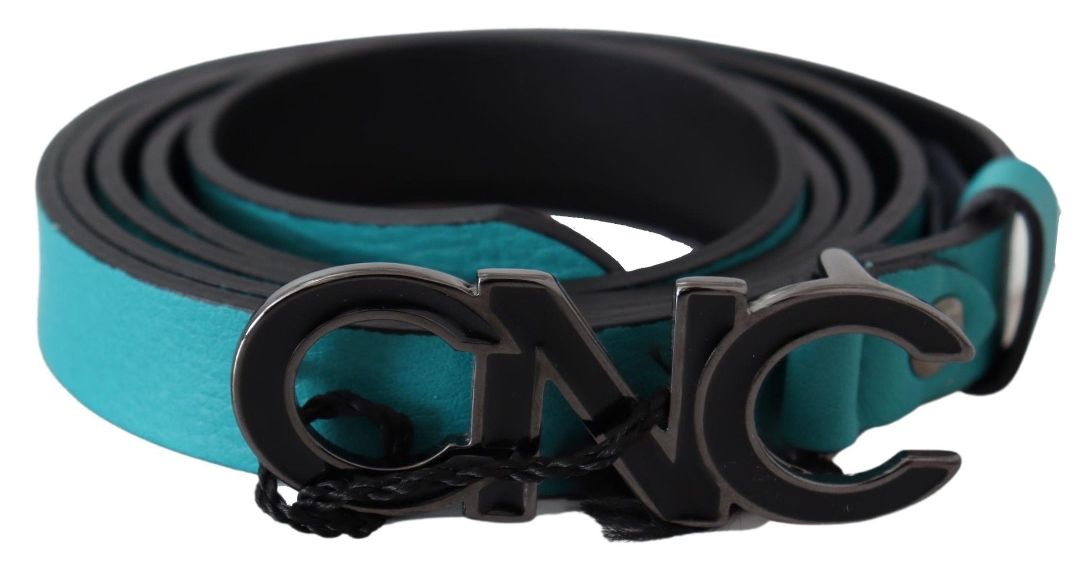 Costume National Teal Leather Belt with Black and Silver Buckle