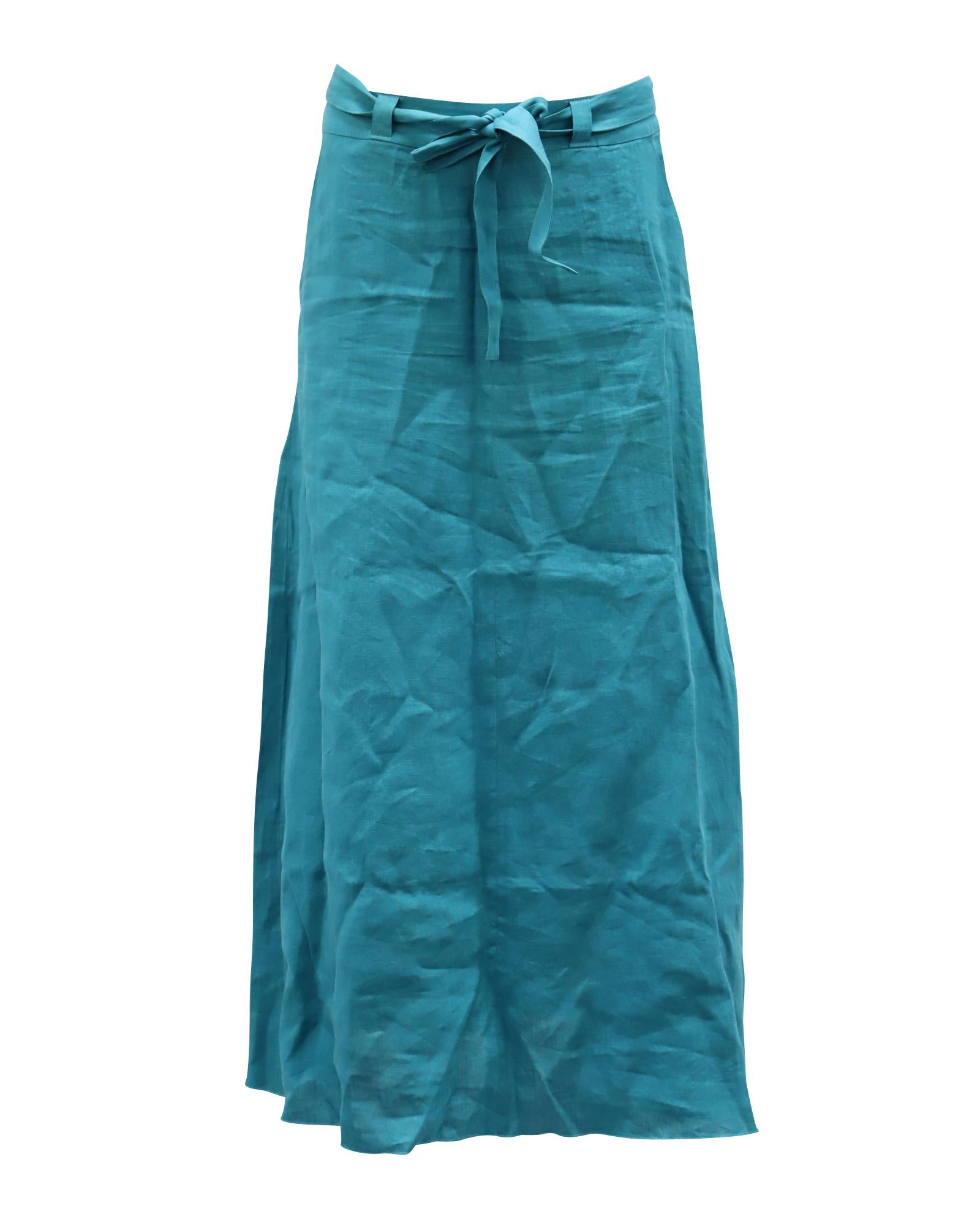 Teal Linen Midi Skirt with Waist Tie by Simon Miller