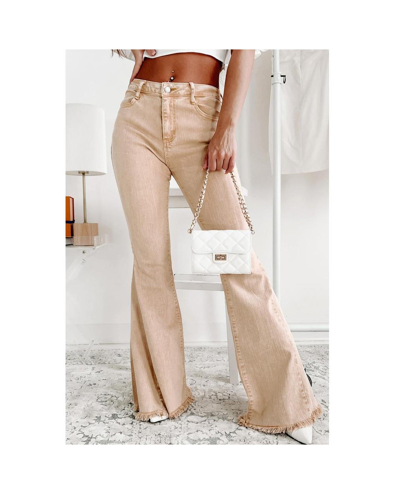 Azura Exchange Frayed Hem Flare Jeans - Beige