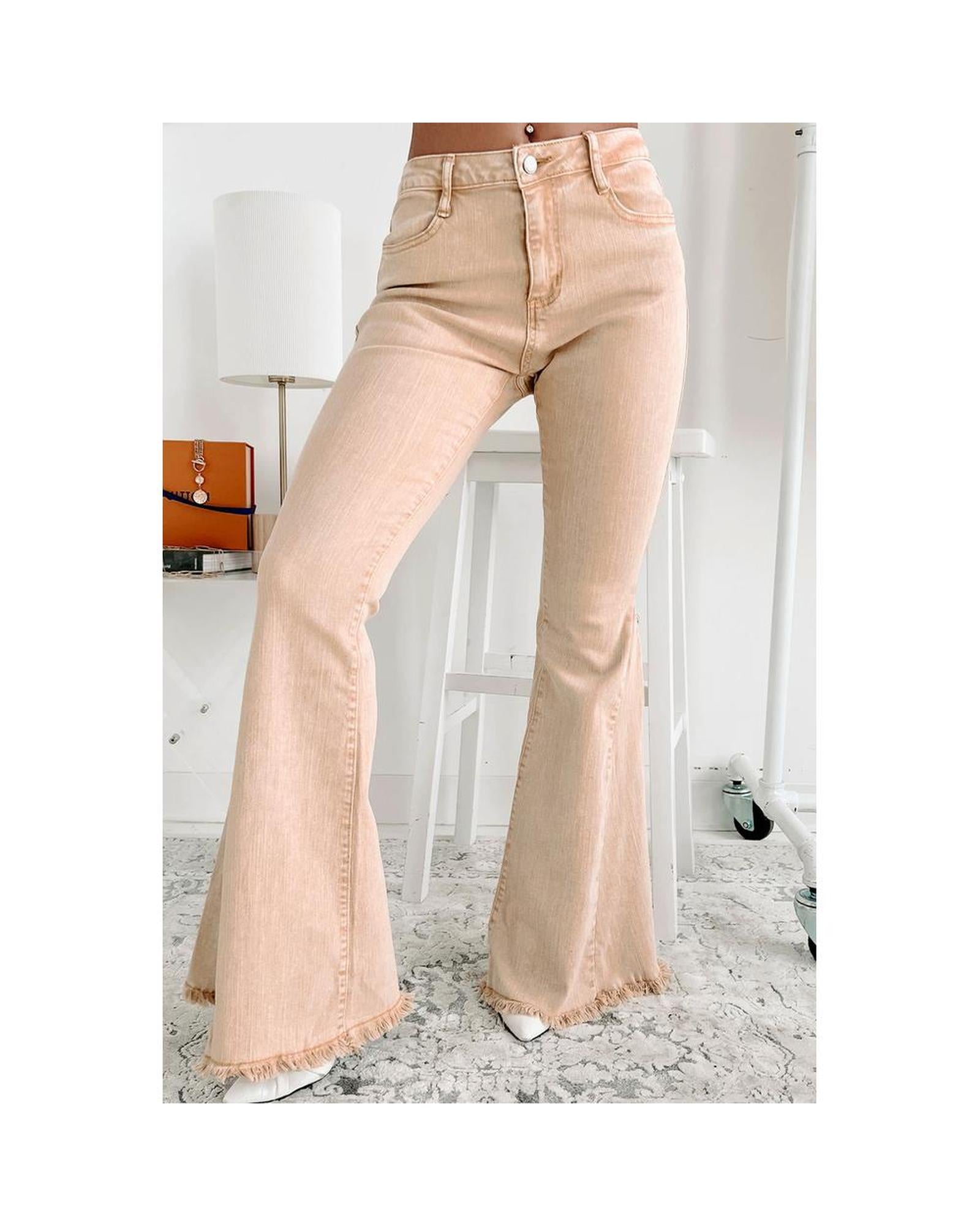 Azura Exchange Frayed Hem Flare Jeans - Beige