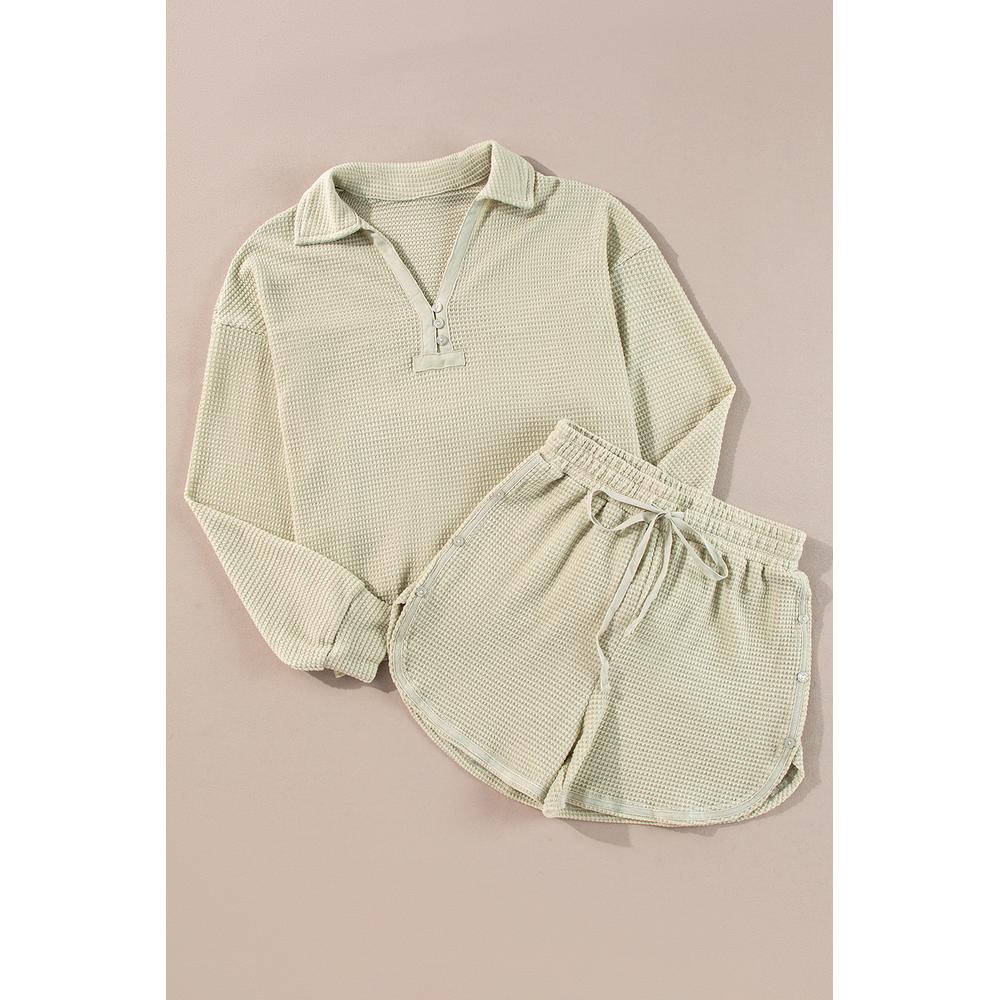 Azura Exchange Parchment Textured Buttoned Long Sleeve Top 2 Piece Shorts Set