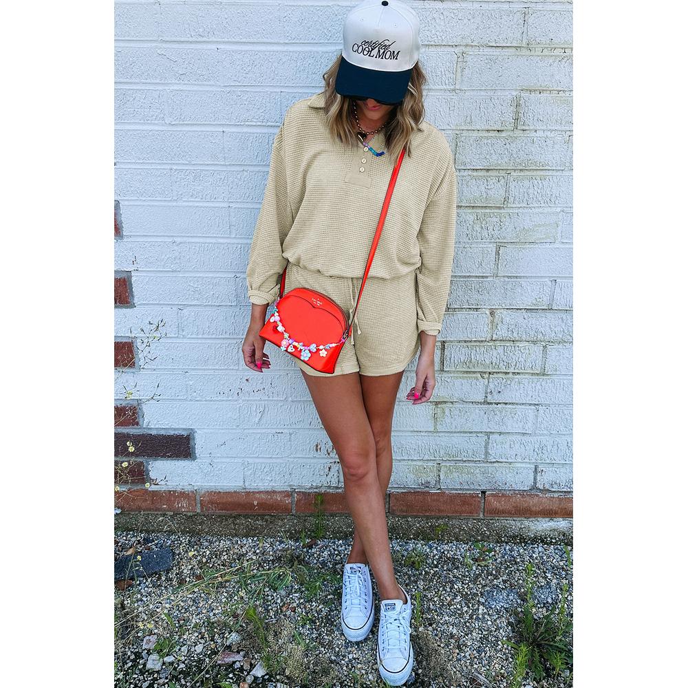 Azura Exchange Parchment Textured Buttoned Long Sleeve Top 2 Piece Shorts Set