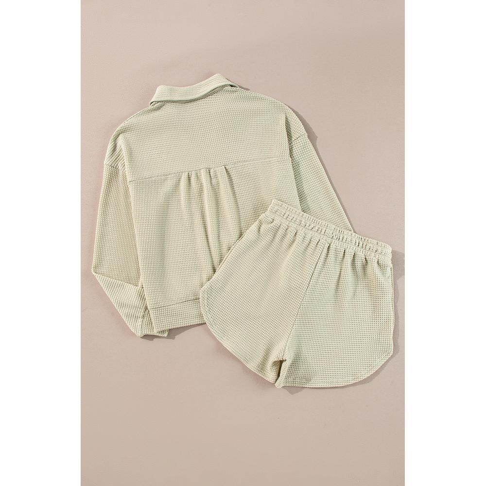 Azura Exchange Parchment Textured Buttoned Long Sleeve Top 2 Piece Shorts Set