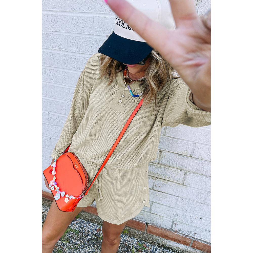 Azura Exchange Parchment Textured Buttoned Long Sleeve Top 2 Piece Shorts Set