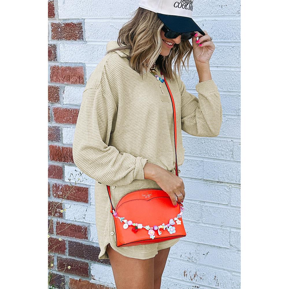 Azura Exchange Parchment Textured Buttoned Long Sleeve Top 2 Piece Shorts Set