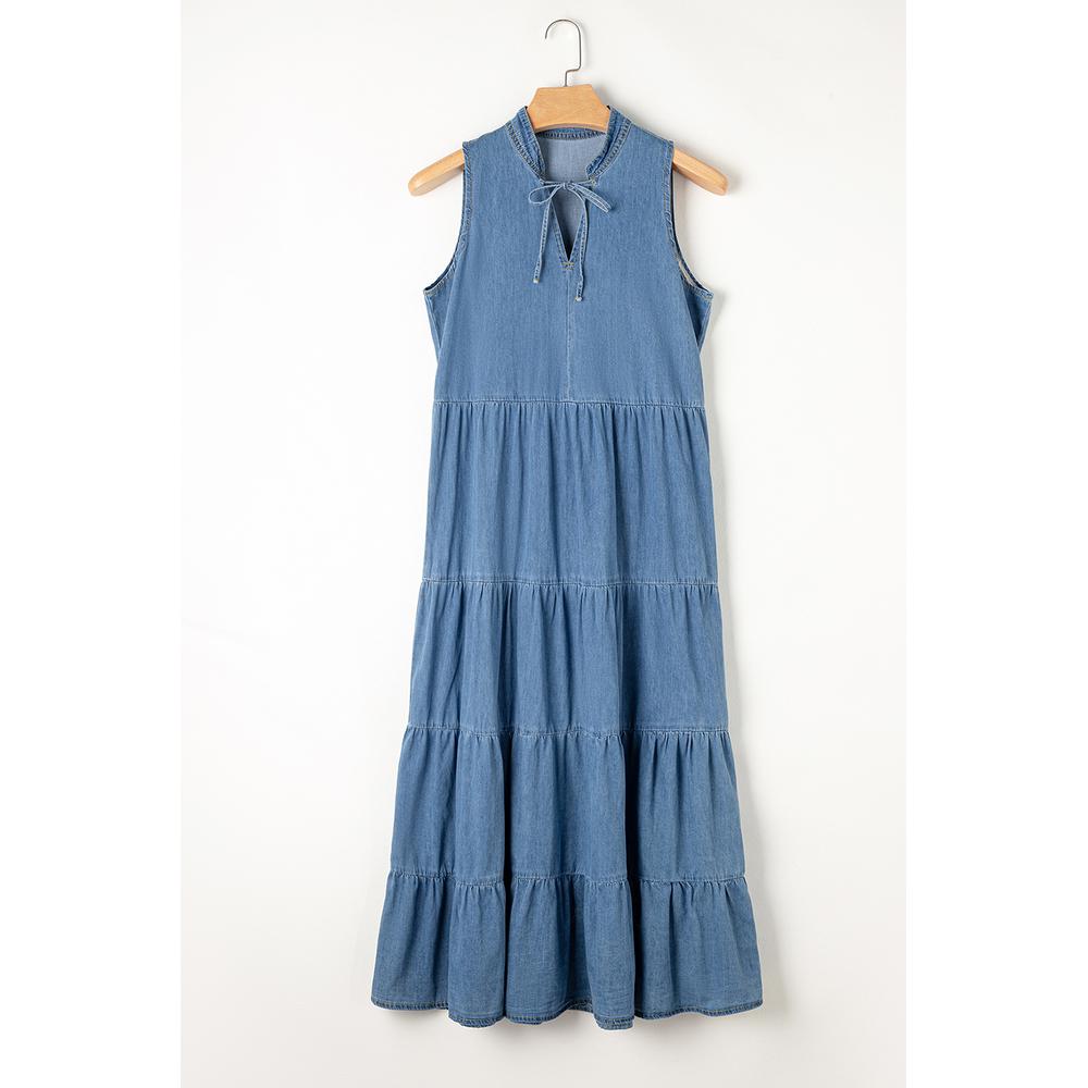 Blue Sleeveless Tiered Chambray Maxi Dress