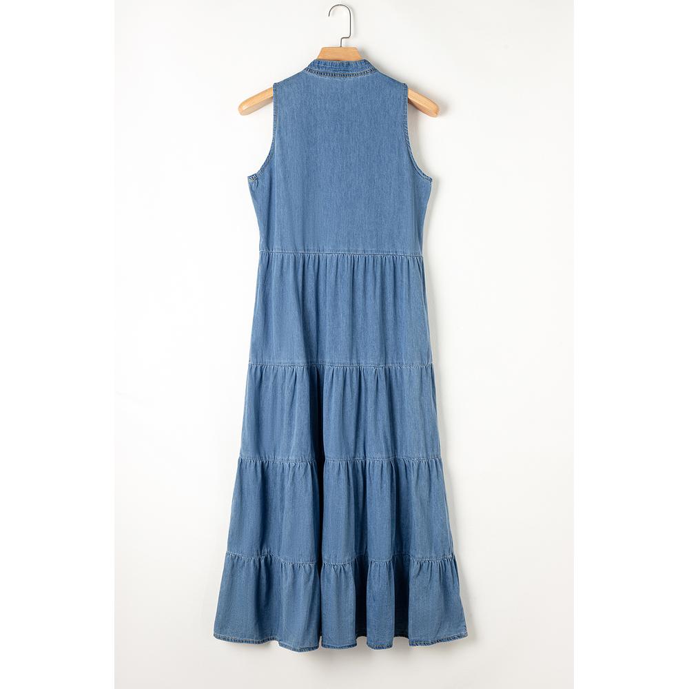 Blue Sleeveless Tiered Chambray Maxi Dress