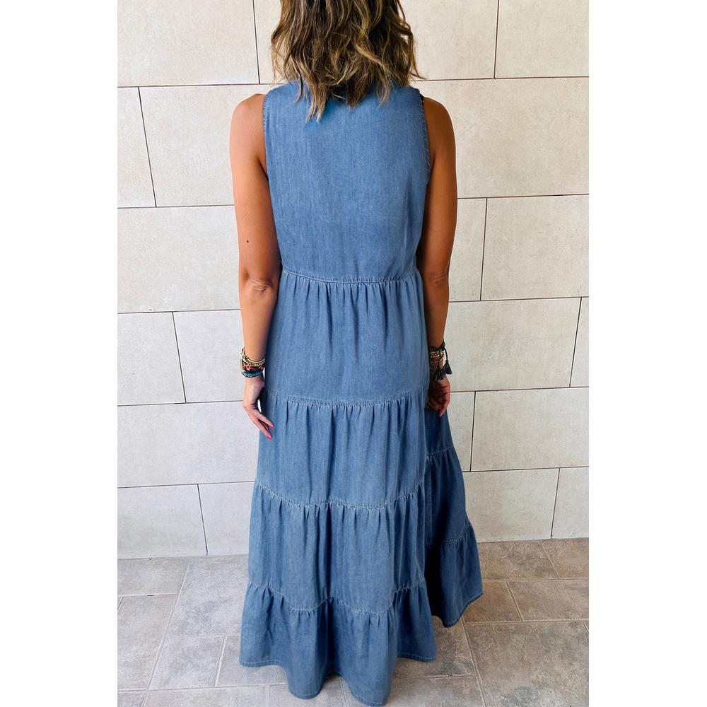 Blue Sleeveless Tiered Chambray Maxi Dress