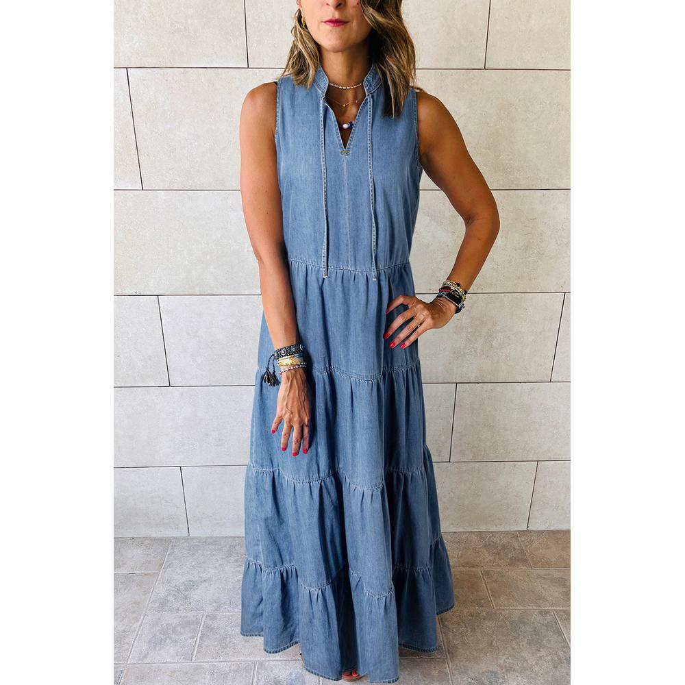 Blue Sleeveless Tiered Chambray Maxi Dress