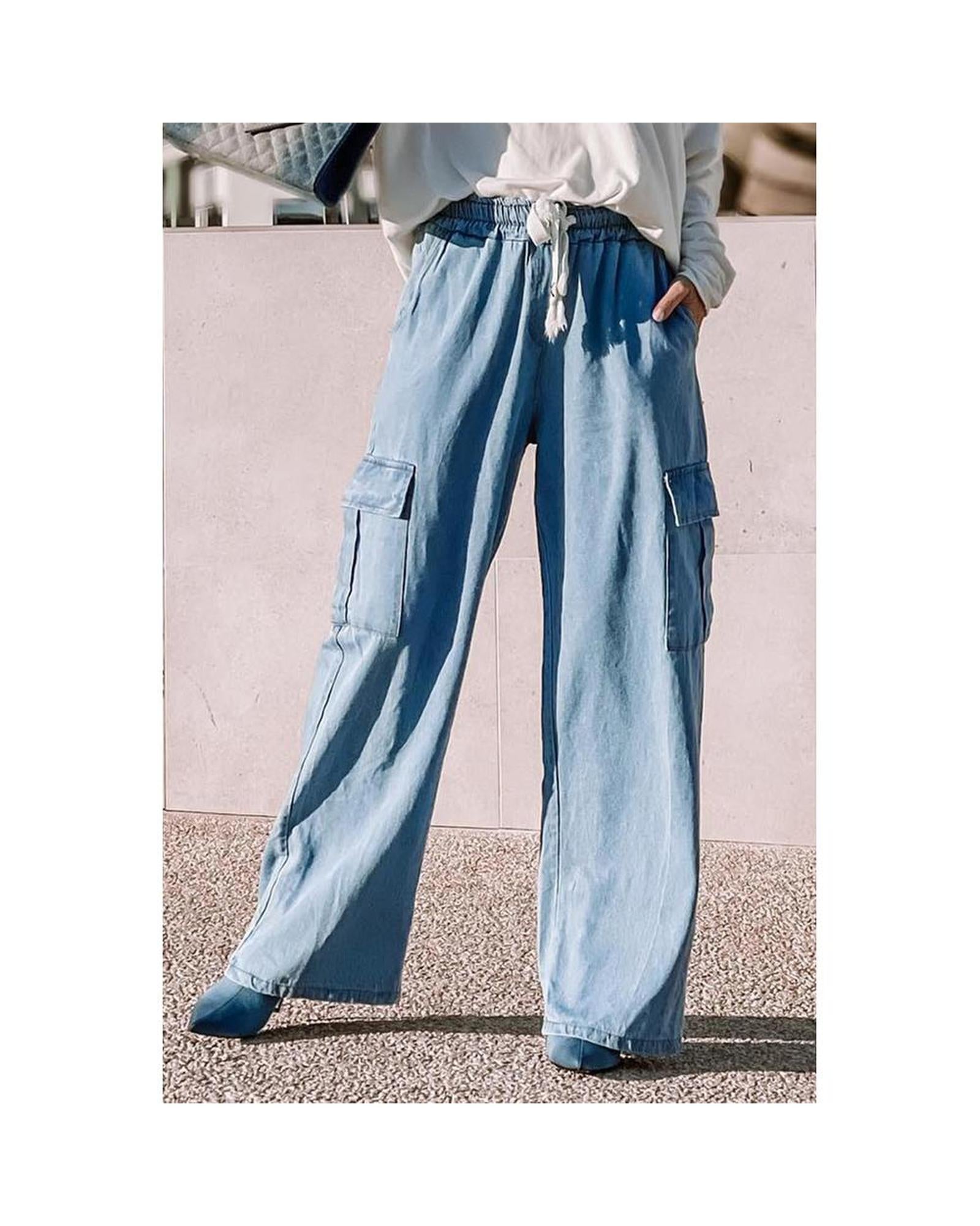 High Waist Cargo Pocket Wide Leg Jeans with Drawstring