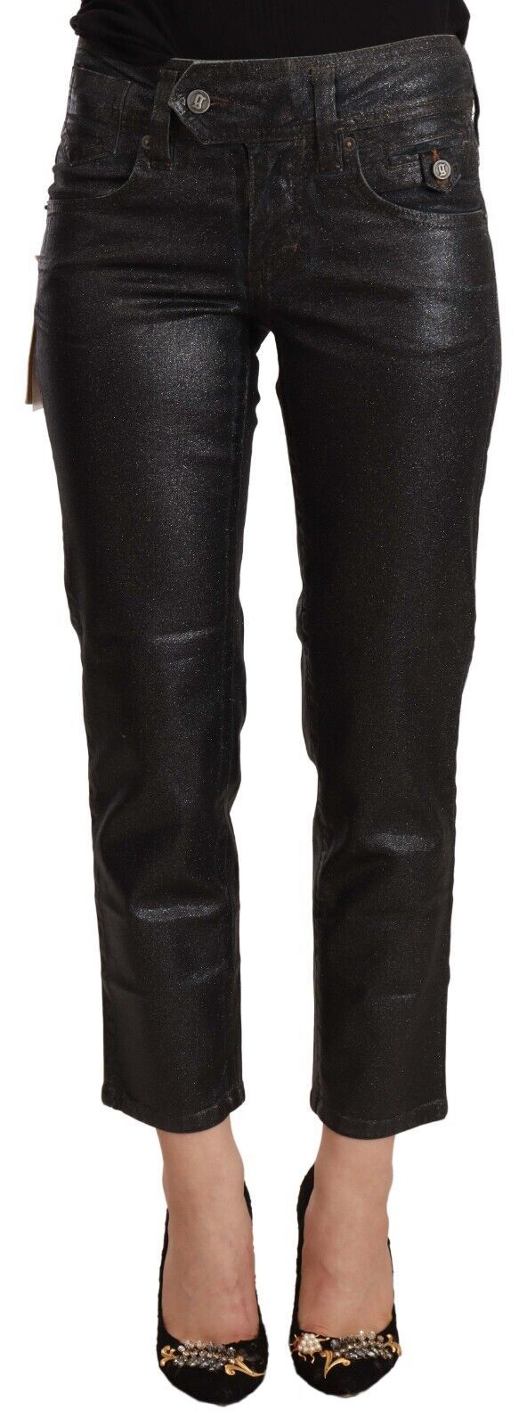 Cropped Mid Waist Glittered Pants with Logo Details