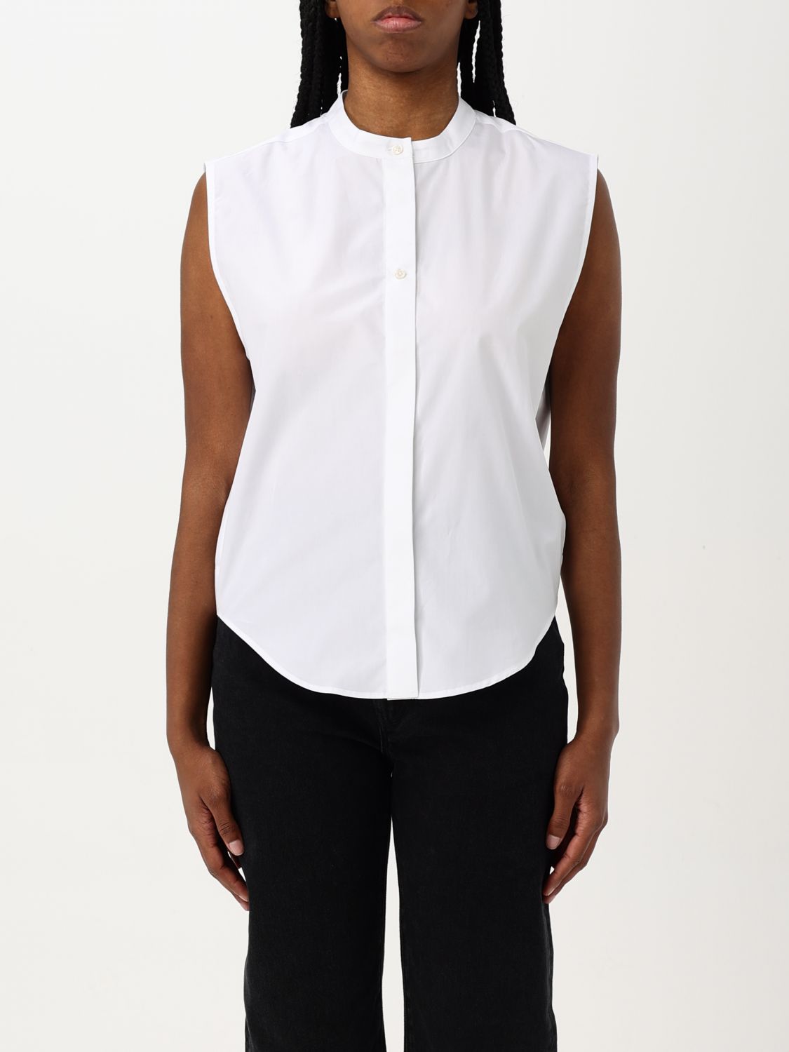 Sleeveless Poplin Shirt Mandarin Collar