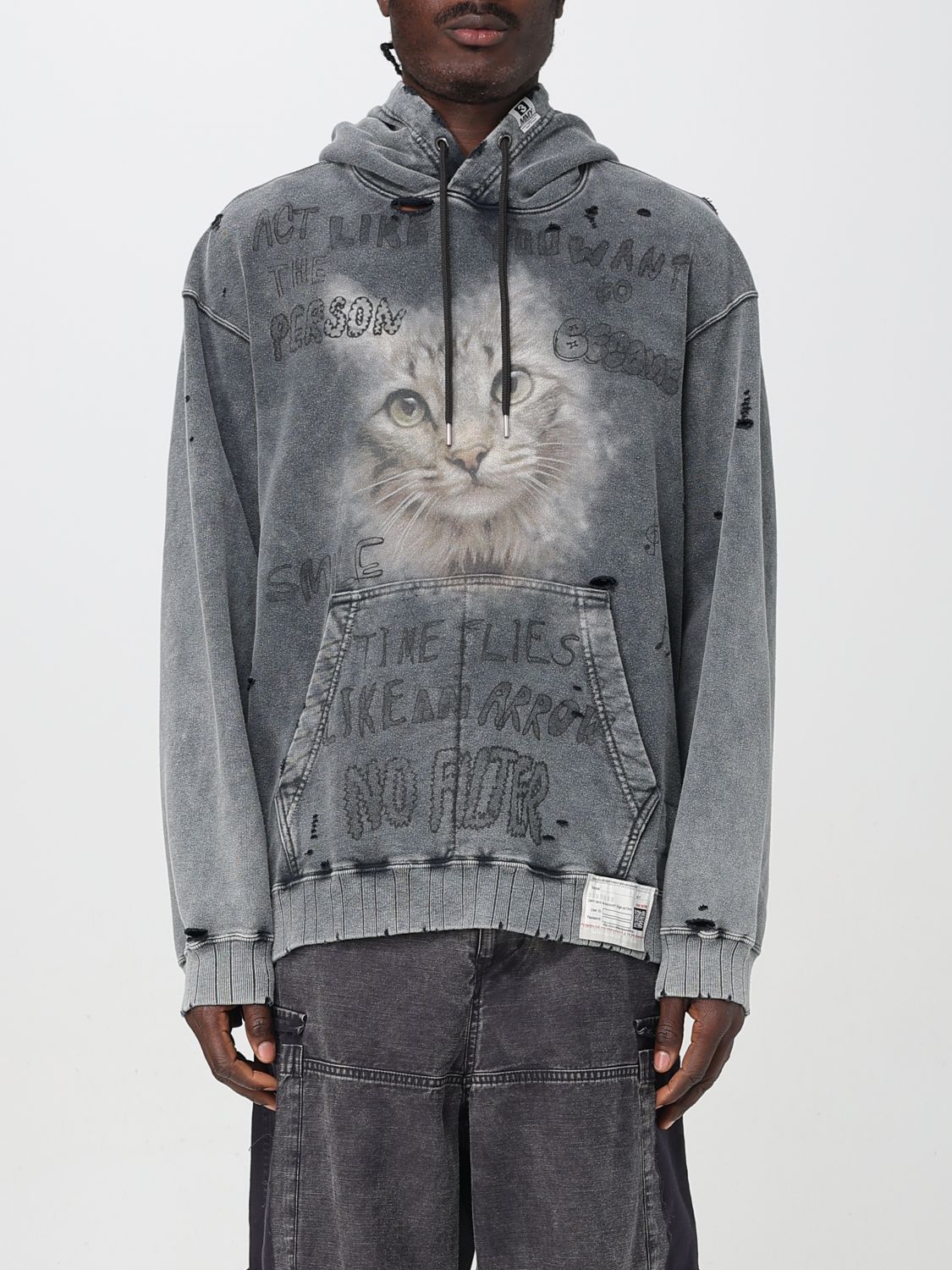 Cat Print Distressed Hoodie