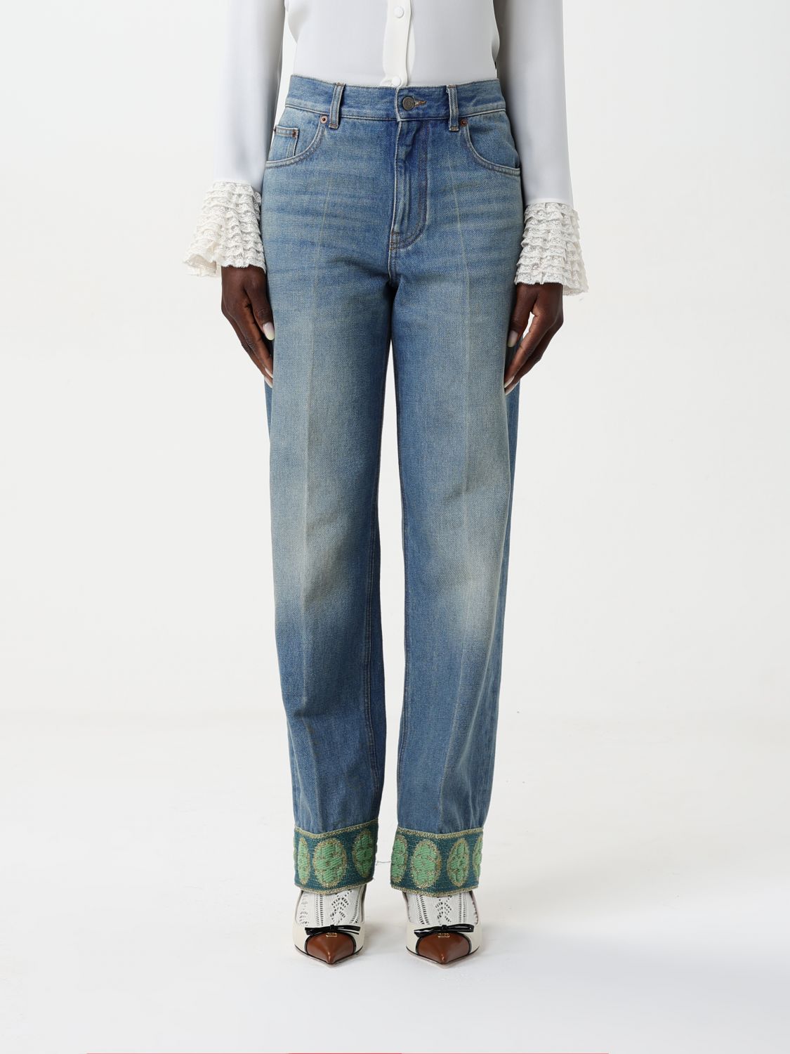 Embroidered Cuff Straight Jeans