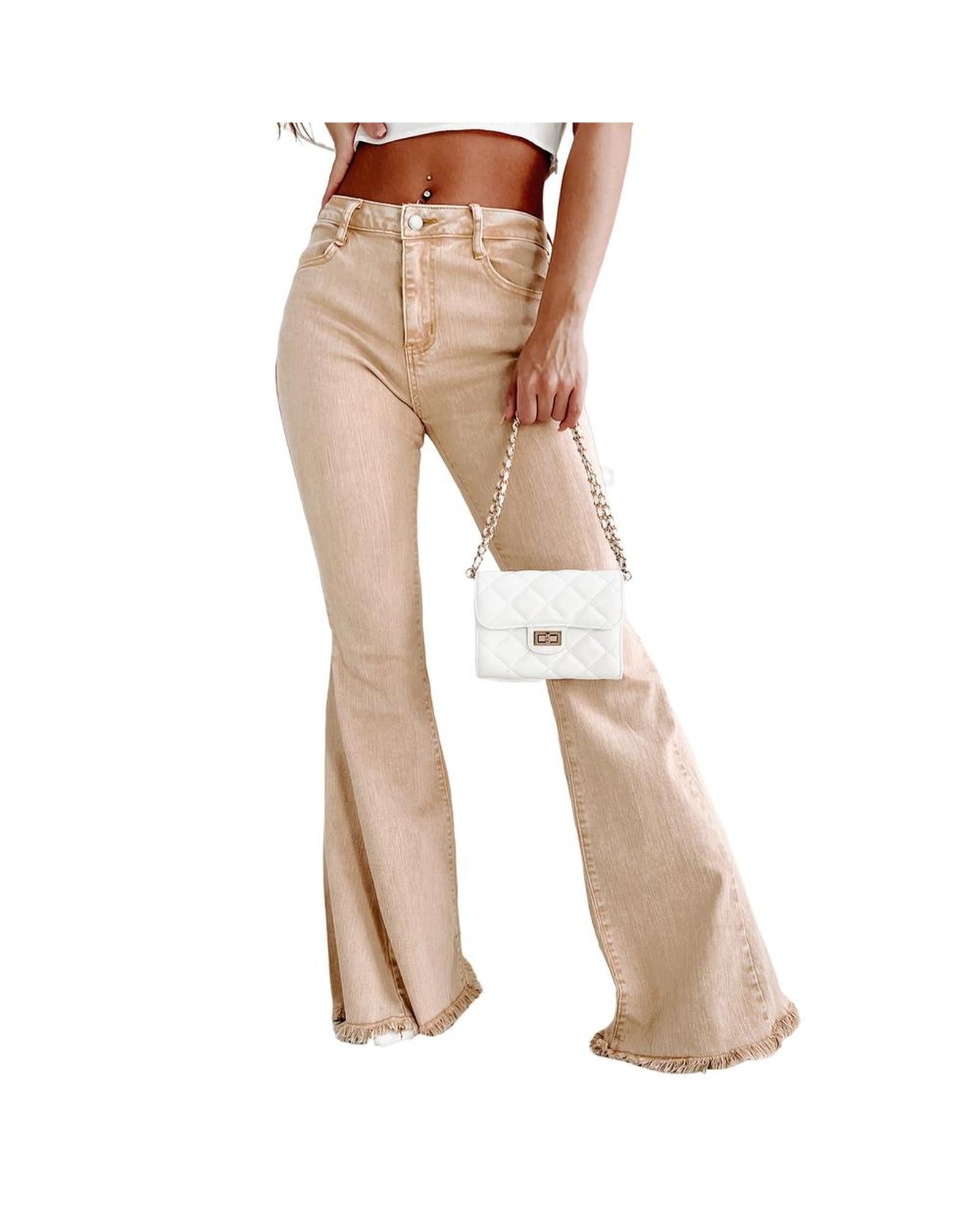 Azura Exchange Frayed Hem Flare Jeans - Beige