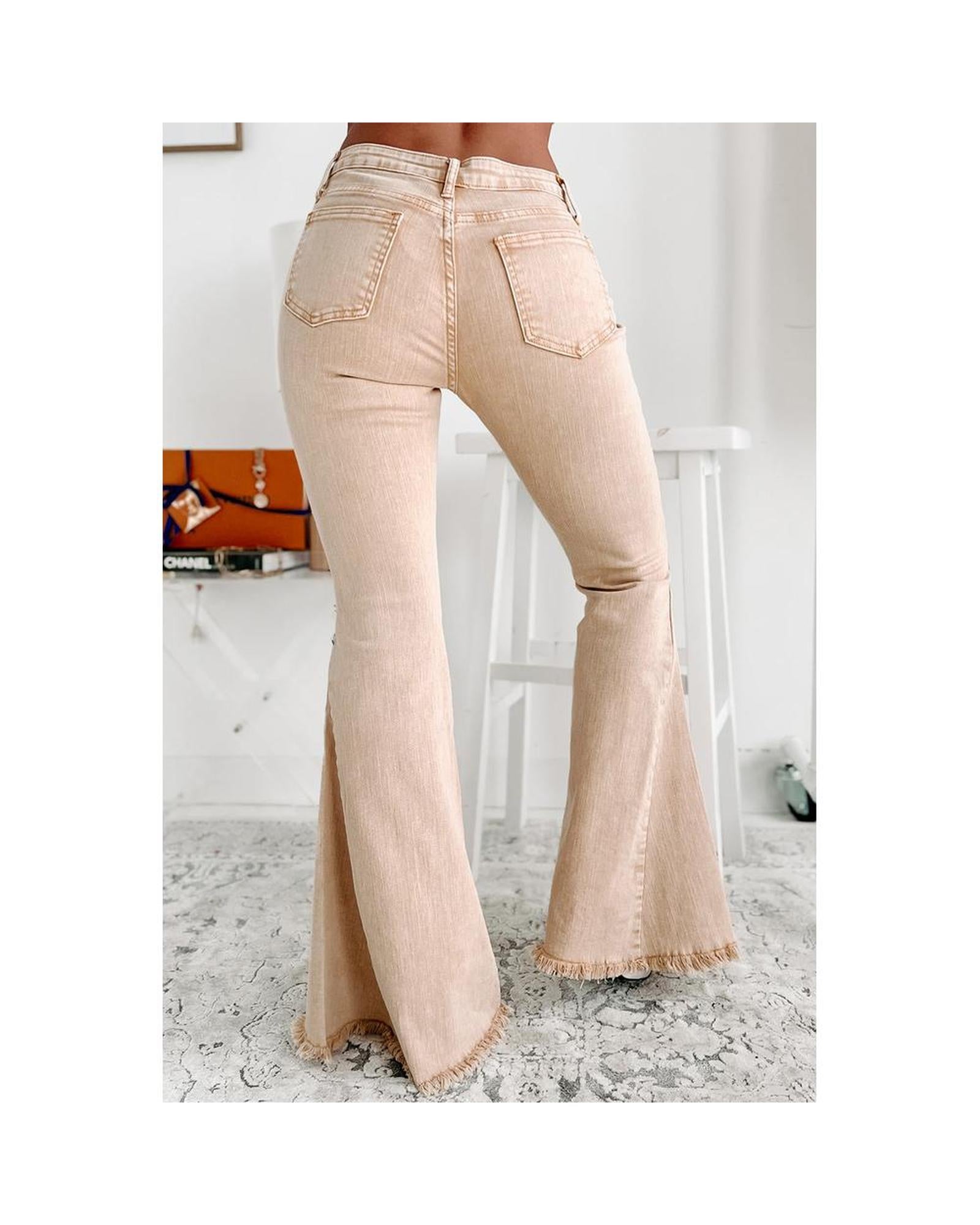 Azura Exchange Frayed Hem Flare Jeans - Beige