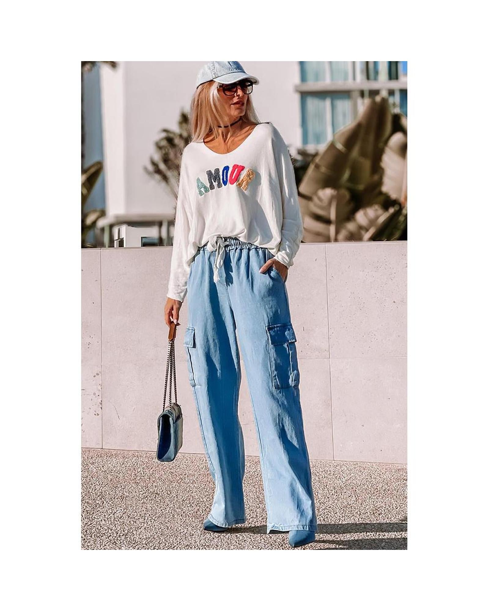 High Waist Cargo Pocket Wide Leg Jeans with Drawstring