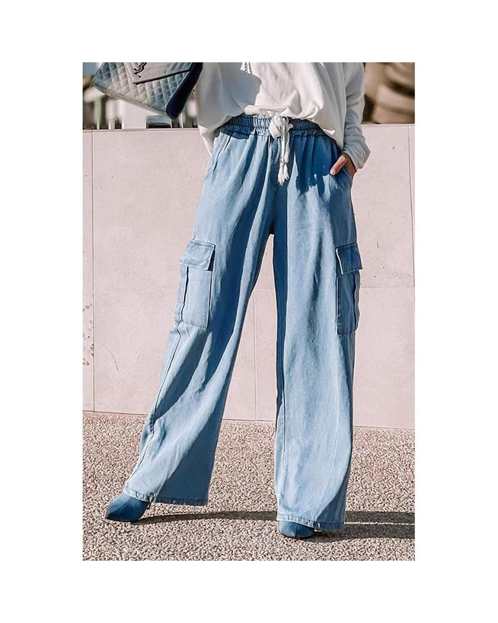 High Waist Cargo Pocket Wide Leg Jeans with Drawstring