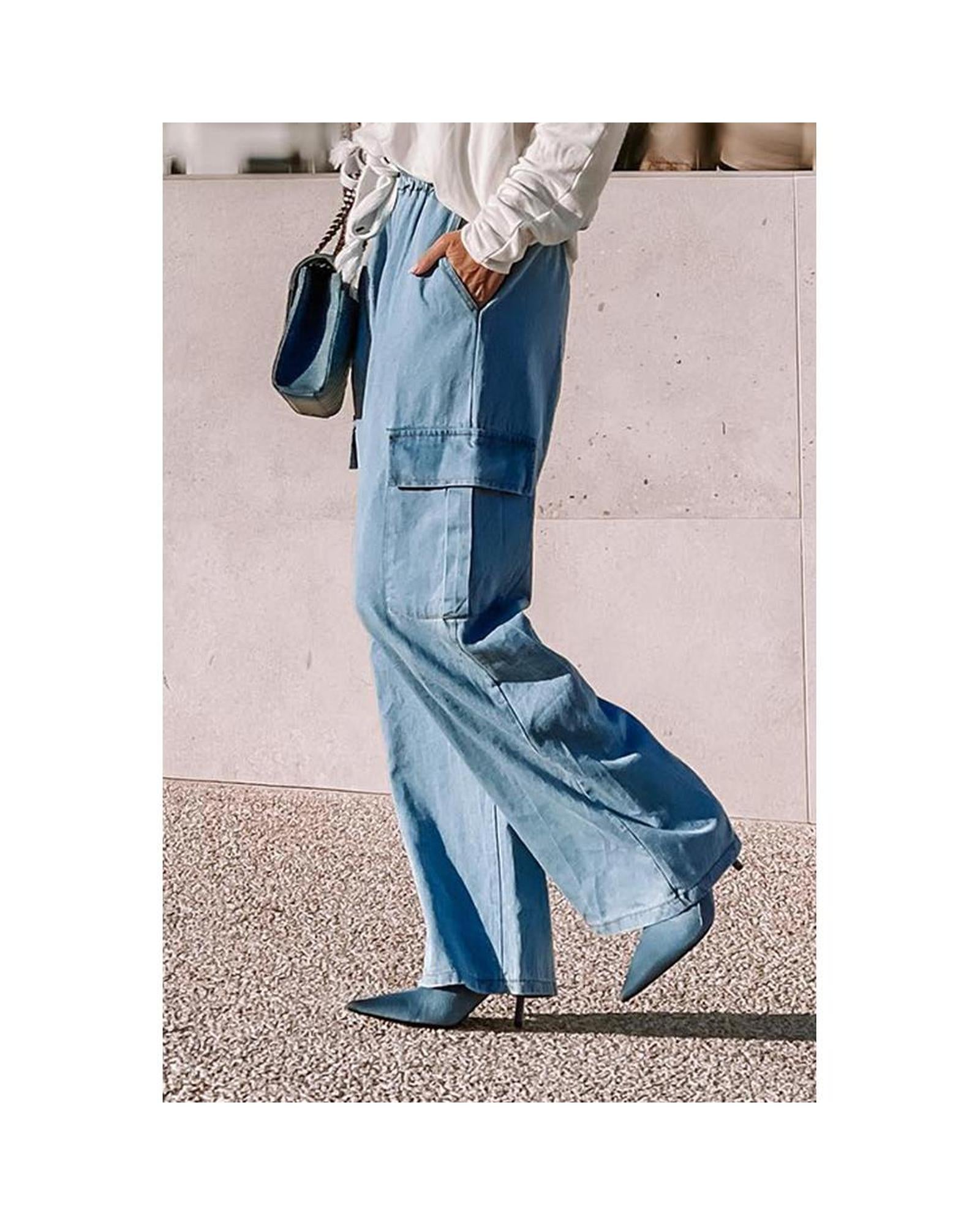 High Waist Cargo Pocket Wide Leg Jeans with Drawstring