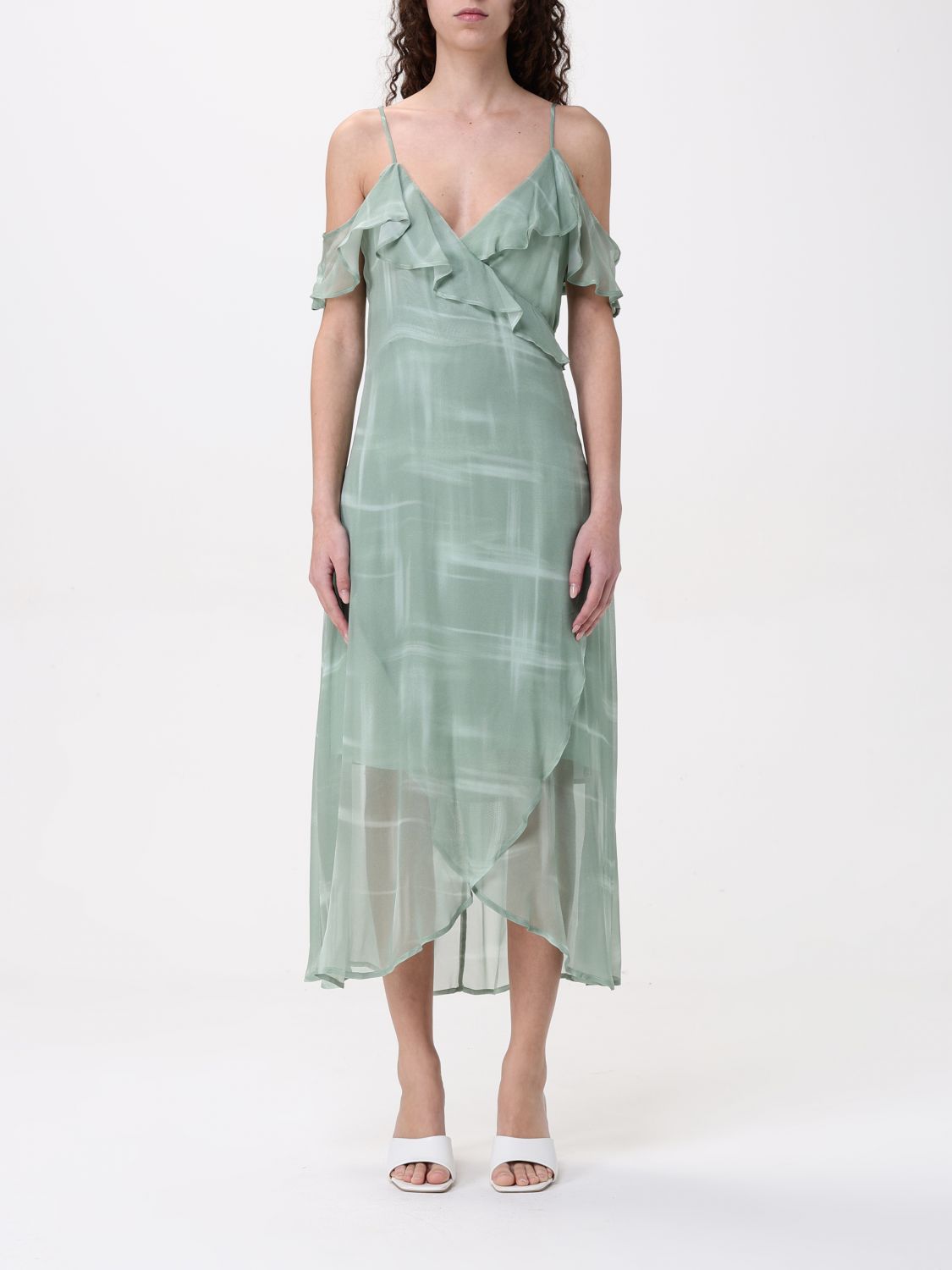 Wrap Midi Dress Ruffled Neckline