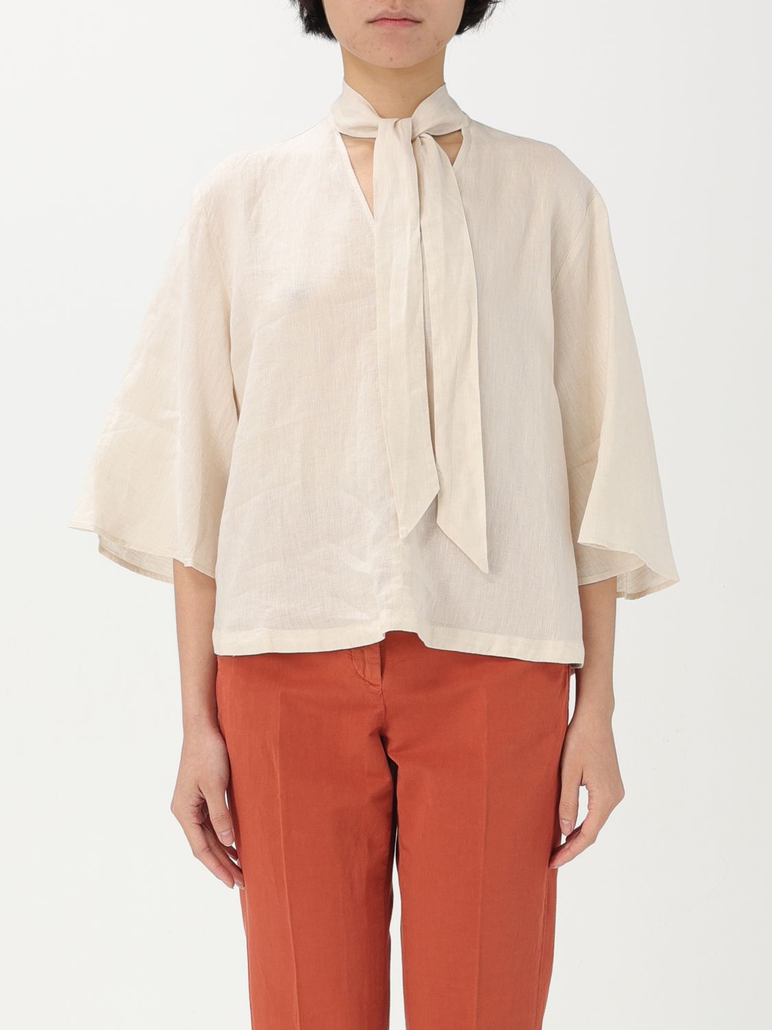 Linen Blouse Tie Neck 34 Sleeves
