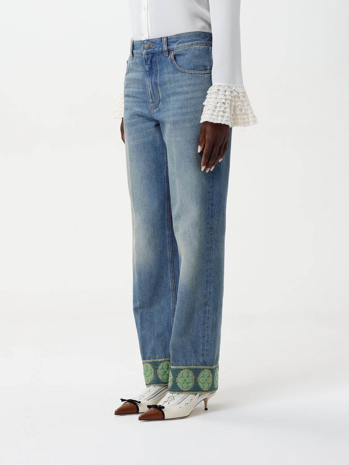 Embroidered Cuff Straight Jeans