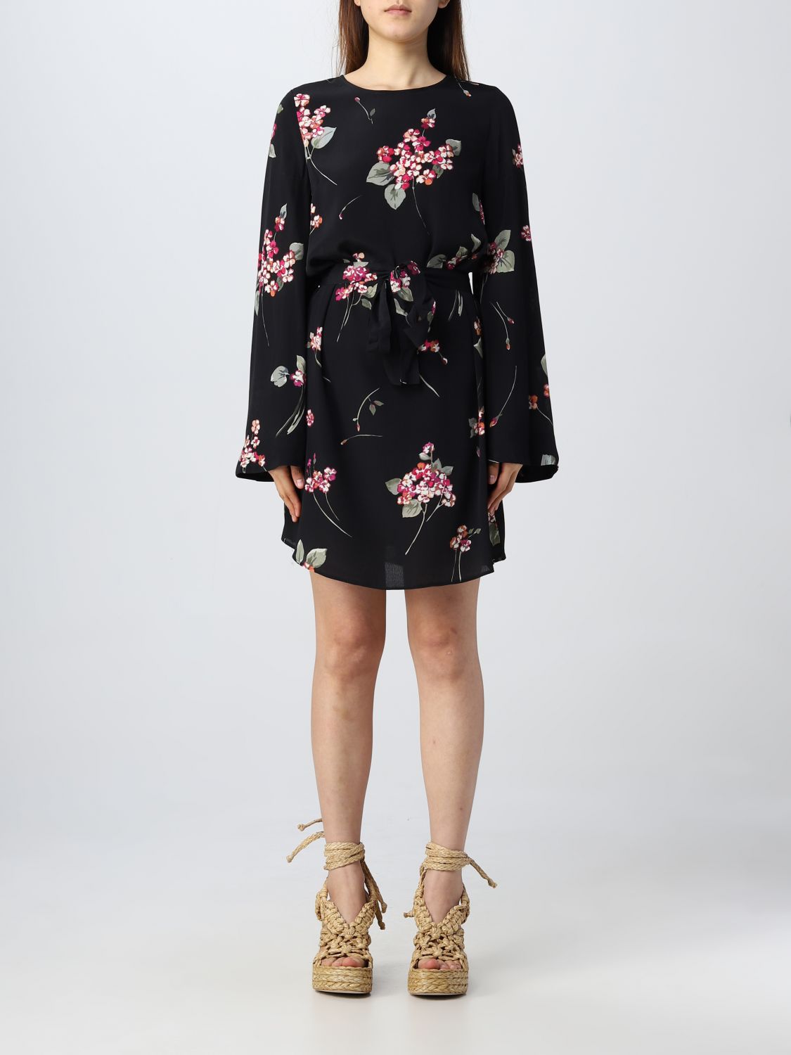 Floral Mini Dress Belted Bell Sleeves