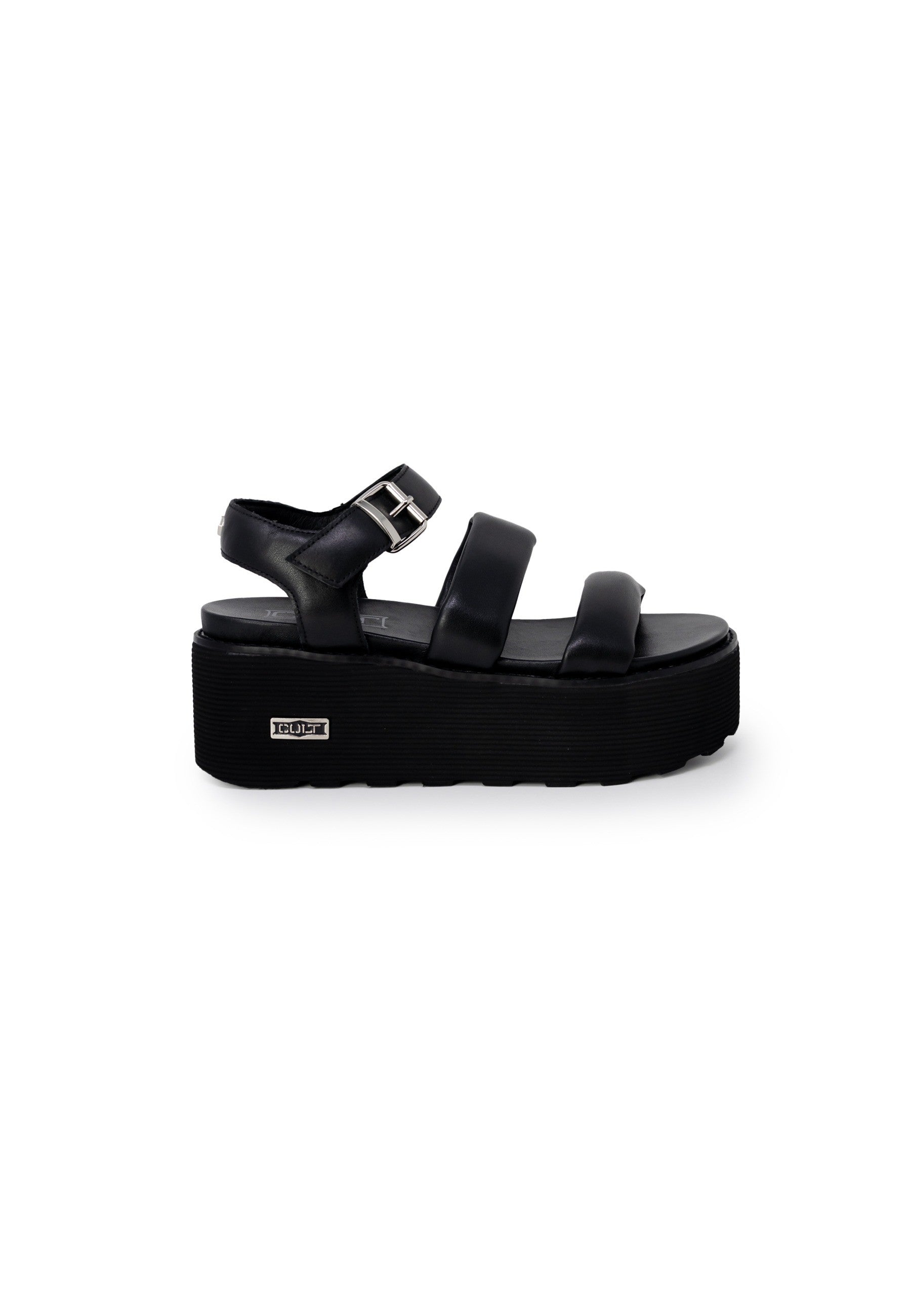Plain Black Leather Sandals with Buckle/Bow Fastening